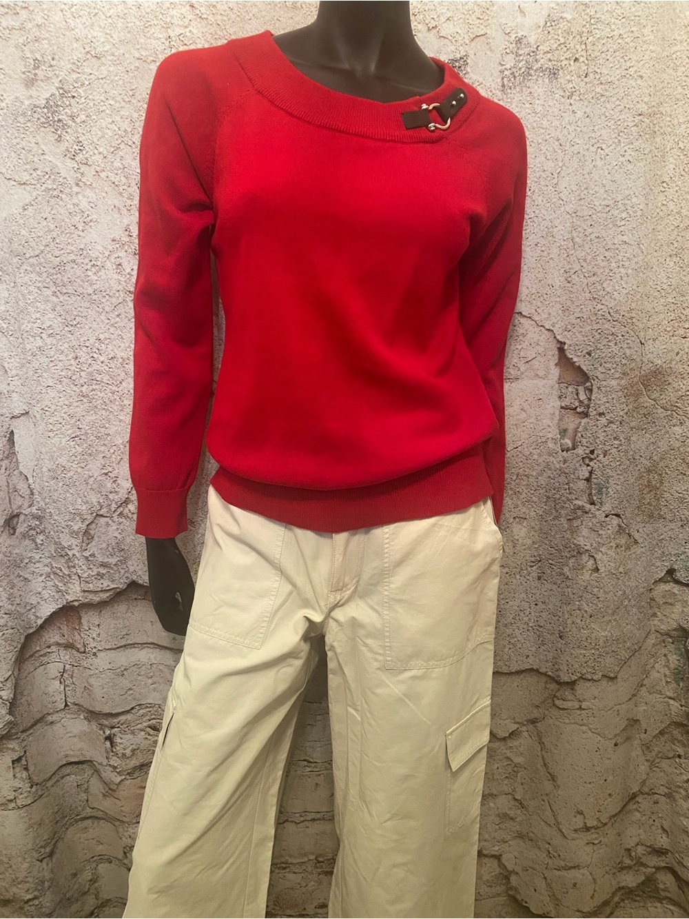 Ralph Lauren Red Cotton Sweater with Leather Placket